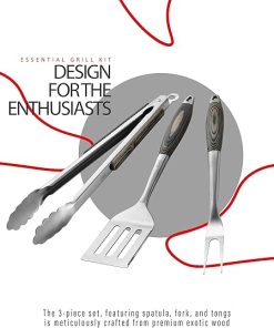 Stainless Steel BBQ Tool Set with Veined Dyed Wood Handles | Heavy Duty Grilling Accessories | 3-Piece Outdoor Barbecue Grill Utensil Set with Spatula, Fork, and Tongs – Ideal Gift for Men 2