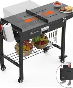 Grill Table for Outside, Portable Folding Grill Cart with Wheels and Adjustable Tabletop, 400 Lbs Weight Capacity, Movable Griddle Stand Fit 17'' or 22'' for Camping, BBQ, Cooking