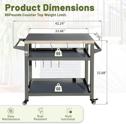 3-Shelf Outdoor Grill Table with Wheels, Stainless Steel Top, Tool Hooks, and Ample Storage Space, Grey - Image 2