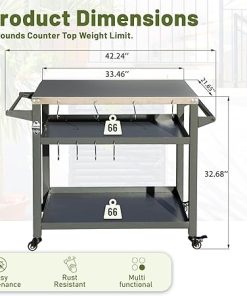 3-Shelf Outdoor Grill Table with Wheels, Stainless Steel Top, Tool Hooks, Storage for BBQ and Pizza Oven, Grey 2
