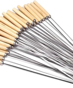 20Pcs/Set Barbecue Skewer Wooden Handle Stainless Steel Kebab Skewer Stick Outdoor Camping Kitchen Tools Accessories Grill Accessories,Gripper
