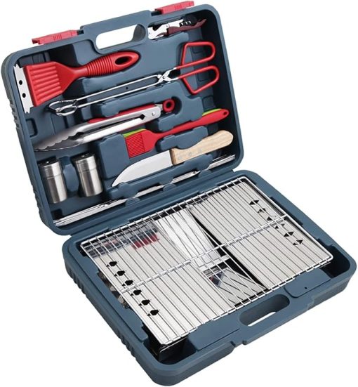 SEFAX Grill Accessories, Portable Camping Kitchen Utensil Set, BBQ Tools Set with Foldable Grill and Storage Case, Perfect for Outdoor, Camping, Backyard