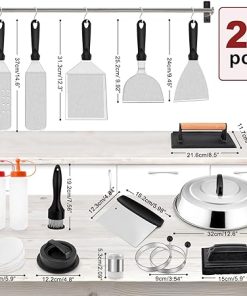 Griddle Accessories Kit, Leonyo 21Pcs Stainless SteelFlat Top Grill Accessories Outdoor, BBQ Metal Spatula Tool Set with 12″ Basting Cover, Bacon Press, Burger Patty Maker, Meat Tenderizer 2