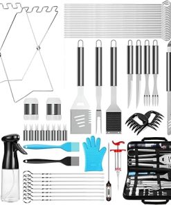 57PCS BBQ Grill Tools Set with Meat Thermometer, Stainless Steel Fork, Knife, Spatula, Tongs, Skewers, Cleaning Brush & Garbage Bag Holder, Complete Grill Accessories Set for Barbecue, Camping