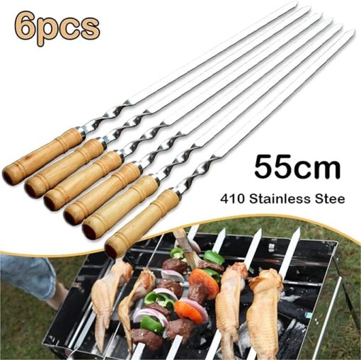 6PCS 55cm Large Barbecue Skewer Reusable BBQ Kebab Stick With Wooden Handle Outdoor Camping Picnic Tools Cooking Tool - Image 2