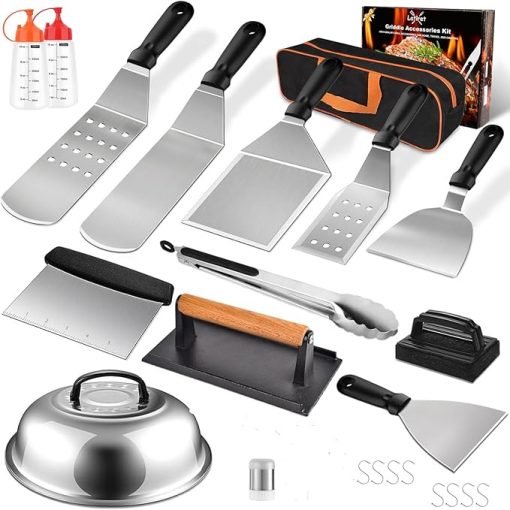 Blackstone 28Pcs Deluxe Griddle Accessories Kit, Grill Tools with 2 Spatulas, Scraper, Burger Press, Oil Pot, Seasoning Box, Tongs - Heavy Duty Flat Top BBQ Set
