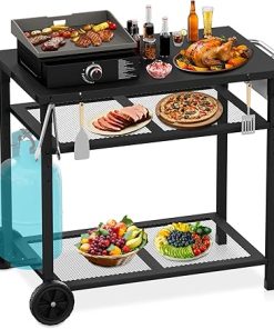 Three Shelf Outdoor Dining Grill Table - Movable Pizza Oven Stand 33" L x 20" W x 29.9" H with Wheels Dining Cart, Grill Prep Table for Outside Patio, Camping