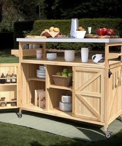 Outdoor Garden Patio Party BBQ Grill Cart Side Table, Home Rolling Kitchen Island with Stainless Steel top, Shelves, Storage Cabinet, Spice Rack, Towel Rack（Natural Wood） 2
