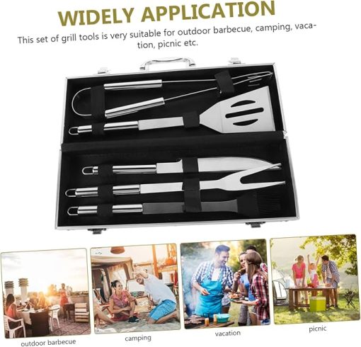 Milisten 1 Set Stainless Steel BBQ Tool Grilling Accessories with Storage to Clean Ergonomic Design for Outdoor Grilling Camping and Parties - Image 2