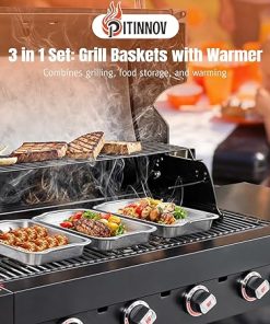 Grill Basket Set, 3pcs Stainless Steel Grill Topper Pans for Outdoor Grill with BBQ Prep Tray, Grilling Baskets Barbecue Accessories for Vegetables, Fish, Meat, and Seafood – Gifts for Men Dad Husband 2