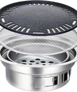Round BBQ Grill Stove Camping Charcoal Stove Stainless Steel Non-Stick BBQ Barbecue Grill Stove Outdoor Indoor Korean BBQ Cooker for Camping Party Picnic 15.75×9.25×5.31in 2