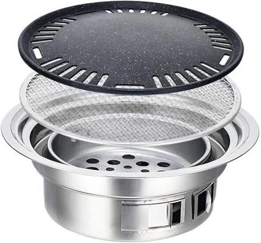 Round BBQ Grill Stove Camping Charcoal Stove Stainless Steel Non-Stick BBQ Barbecue Grill Stove Outdoor Indoor Korean BBQ Cooker for Camping Party Picnic 15.75x9.25x5.31in - Image 2