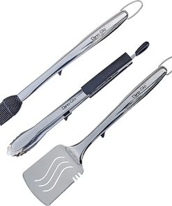 Dyna Glo 3PC Stainless Steel Grill Set. Tong, Spatula, Basting Brush - W. Stands