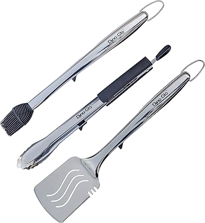 Dyna Glo 3PC Stainless Steel Grill Set. Tong, Spatula, Basting Brush – W. Stands Dyna Glo 3PC Stainless Steel Grill Set. Tong, Spatula, Basting Brush - W. Stands