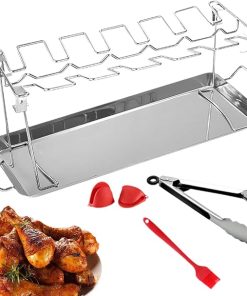 Barbecue Chicken Leg Stand - Swivel Chicken Stand - Heat Resistant Stainless Steel Accessory with Drip Tray for Home or Garden with 12 Spaces