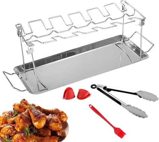 Barbecue Chicken Leg Stand - Swivel Chicken Stand - Heat Resistant Stainless Steel Accessory with Drip Tray for Home or Garden with 12 Spaces