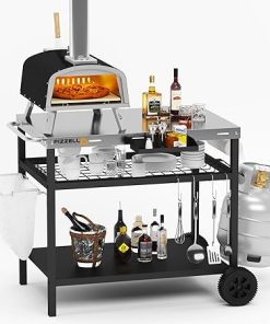 Outdoor Grill Cart Three-Shelf Pizza Oven Stand Table with Wheels Dining Cart Table for Outside Patio, Movable Kitchen Cooking Prep Table BBQ Cart with 34"x 21" Stainless Steel Tabletop