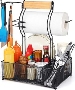 FANGSUN Grill Caddy, BBQ Caddy with Paper Towel Holder, Picnic Condiment Utensil Caddy for Outdoor Camping, Barbecue Accessories Storage Organizer for Griddle Grilling Tool, Rv Patio Camper Must
