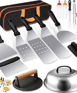 Griddle Accessories Kit, Terlulu 29 PCS Flat Top Grill Accessories for Blackstone and Camp Chef, Metal Spatula Set with Burger Press, Melting Dome, Scraper, Tongs, Carry Bag for Outdoor Grilling BBQ