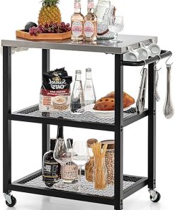 Byroce Grill Cart, 3-Shelf Outdoor Prep Table for Grill with Stainless Steel Top, 9 Hooks & Wheels, Movable Food Cooking and Pizza Oven Stand Table, Grill Table for Party BBQ Patio
