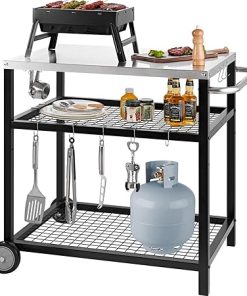 Stainless Steel Grill Cart Pizza Oven Stand Trolley Table with Wheels Pizza Cart Three-Shelf Movable Food Prep Work Dining Table with Double-Shelf Heavy Duty Outdoor 31.5" x 24 x 33.5