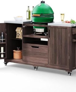 66.5" Outdoor Kitchen Island for Big Green Egg Grills, Solid Wood Outdoor Grill Cart for Tabletop Grill with Stainless Steel Top, Drawer, Compatible with Large Big Green Egg, Kamado Joe-Brown