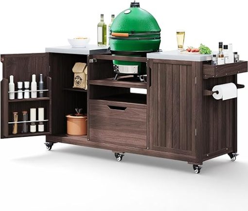 66.5" Outdoor Kitchen Island for Big Green Egg Grills, Solid Wood Outdoor Grill Cart for Tabletop Grill with Stainless Steel Top, Drawer, Compatible with Large Big Green Egg, Kamado Joe-Brown