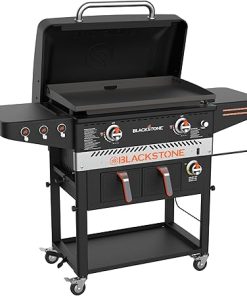 Blackstone 1962 Air Fryer Combo & Two Burners Stainless Steel Gas Hood, Wheels, Two Side Shelf – Heavy Duty Outdoor Griddle Station for Backyard, Patio, 28 inch Black