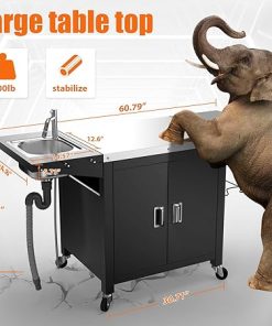 Grill Table with Sink, Outdoor Bar Cart Grill Station, Modular Outdoor Kitchen Island with 100-Gallon Storage Cabinet, 304 Stainless Steel Top, Pizza Oven Table for Lawn & Garden, L60” x W25” 2