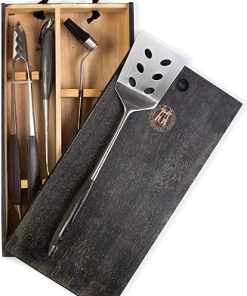 Schmidt Brothers - BBQ Ash 4 Piece Grill Set, Full-Forged Stainless Steel Grilling Utensils Including Spatula, Fork, Basting Brush, and Tongs with All Wood Handles