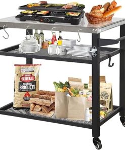Domi 3-Tier Outdoor BBQ Grill Cart with Lockable Wheels | Portable Pizza Oven Stand & Food Prep Station | with Stainless Steel Tabletop & Propane Tanks | All-Weather Patio Cooking Center