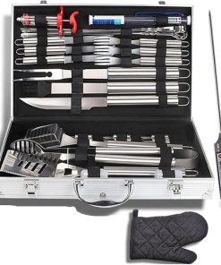 BBQ Grill Tools Set, Stainless Steel BBQ Accessories Tool Set with Meat Thermometer and Injector, BBQ Utensils Set for Foodies, Barbecue Fans, Cooks, Camping Lo