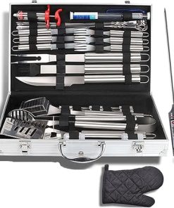 Blacklight Grilling Accessories Kit for Men Women, Stainless Steel Heavy Duty BBQ Tools with Thermometer & Meat Injector, for Camping or at Park Picnic Grills