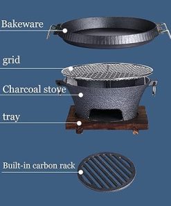 BBQ Stove Cast Iron with Wooden Base Fuel Holder, Aluminium Alloy Charcoal Grill Barbecue Accessories Household Barbecue Tools,28×28×15cm 2