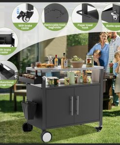 ESPIDOO Outdoor Kitchen Cart with Wheels: Heavy-Duty Stainless Steel BBQ Prep Table with Storage, 2 Doors & Hooks for Grilling Accessories – Portable Grill Cart for Patio, Backyard & Camping Chefs 2