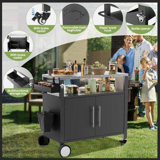 ESPIDOO Outdoor Kitchen Cart with Wheels: Heavy-Duty Stainless Steel BBQ Prep Table with Storage, 2 Doors & Hooks for Grilling Accessories - Portable Grill Cart for Patio, Backyard & Camping Chefs - Image 2