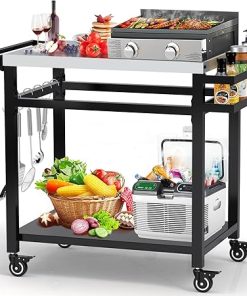 20"x 32" Grill Table with Double-Shelf, Stainless Steel Grill Cart, Multifunctional Food Prep and Pizza Oven Table for Ninja Grill, Blackstone Griddle 17"/22"