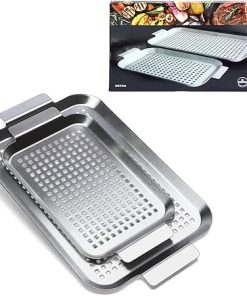 Grill Pan Set of 2, BBQ Grill Topper for Outdoor Grill, Stainless Steel Grilling Baskets with Holes and Handles, Perforated Food Tray Barbecue Accessories for Vegetable, Fish, Large