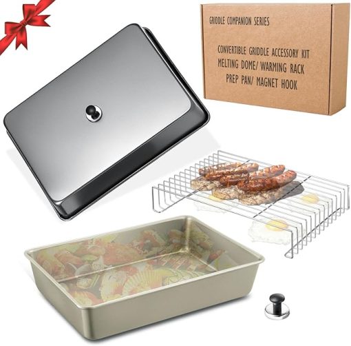 15.5" x 11" Rectangular Melting Dome/Basting Cover/Grill Prep Tray with Nonstick Coating Set of 2, Griddle Warming Rack, Flat Top Grill Accessories Kit for Indoor & Outdoor Cooking, Dishwasher Safe