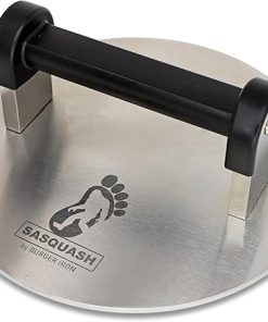 The Sasquash - Bigfoot Burger Smasher - Professional Grade Burger Press - Monster 8" Wide 3+ Pound Welded Stainless Steel Smashed Burger Grill Tool, Blackstone Griddle Steak Weight and Flat Top Press