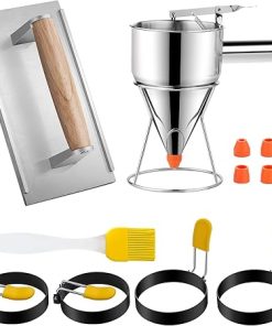 7 Pcs Griddle Breakfast Kit for Blackstone - Pancake Batter Dispenser for Griddle, Grill Press for Bacon, 4 Egg Rings/Pancake Molds, Basting Brush Compatible with Blackstone Griddles
