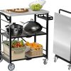 Folding Grill Cart, Metal Pizza Oven Stand Table with 2 Total Lock Casters, 3 Shelf Foldable Kitchen Island Cart ，Stainless Steel Outdoor Rolling Cart with Wheels for Home Party, Bar, Camping（Black）