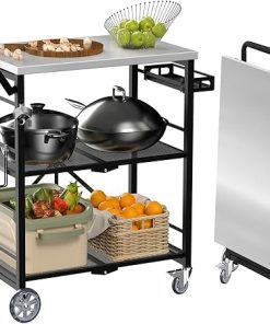 Folding Grill Cart, Metal Pizza Oven Stand Table with 2 Total Lock Casters, 3 Shelf Foldable Kitchen Island Cart ，Stainless Steel Outdoor Rolling Cart with Wheels for Home Party, Bar, Camping（Black）