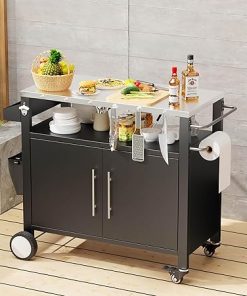 48″ Outdoor Grill Cart with Wheels – Stainless Steel BBQ Prep Table with Storage Cabinet, Spice Rack & Hooks, Heavy-Duty Patio Kitchen Cart for Grilling Accessories, Black (Two Doors) 2