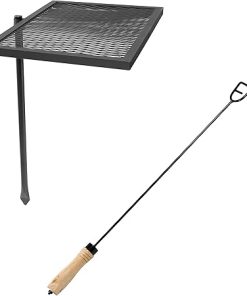Sunnydaze Outdoor Heavy-Duty Steel Adjustable Fire Pit Cooking Grill Grate with 360-Degree Rotating Ability and 26-Inch Indoor/Outdoor Poker Tool with Wood Handle Bundle