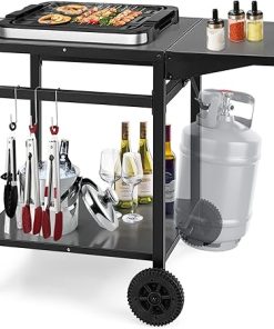Giantex Outdoor Pizza Oven Stand Grill Cart with Wheels, Foldable Side Table, Gas Tank Hook, 4 Removable Hooks, Double-Shelf Movable Dining Cart Food Prep Worktable Trolley for Outside Kitchen BBQ