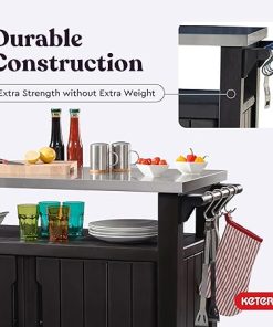 Keter Outdoor Rolling Table Cart for Food Prep, Storage, Bar & Grill, Dark Brown – Portable Kitchen Island Tabletop with Wheels for Drinks, Snacks, and Cooking 2