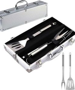 3-Piece BBQ Grill Tool Set - Stainless Steel Tong, Spatula & Fork with Portable Aluminium Case for Outdoor Cooking, Picnics & Camping