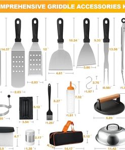 Griddle Accessories Kit, Terlulu 29 PCS Flat Top Grill Accessories for Blackstone and Camp Chef, Metal Spatula Set with Burger Press, Melting Dome, Scraper, Tongs, Carry Bag for Outdoor Grilling BBQ 2