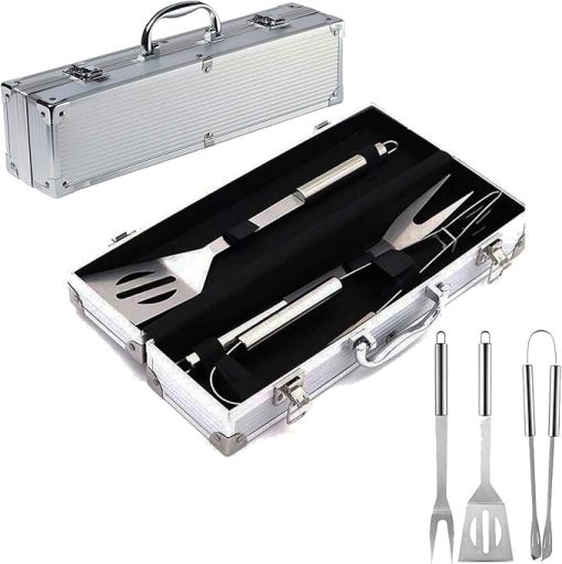 Barbecue Tools Set, 3 Pcs Stainless Steel Grill Utensils Set BBQ Accessories Kit Include Tong, Spatula, Fork with Portable Aluminium Storage Case for Picnics, Camping and